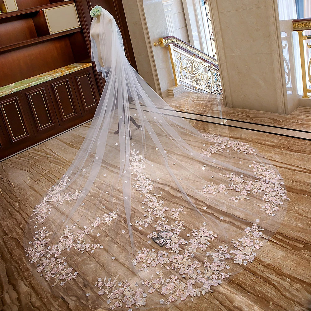 V-5821 Two Layer Cathedral Wedding Veil with White, Ivory or Pink Flowers