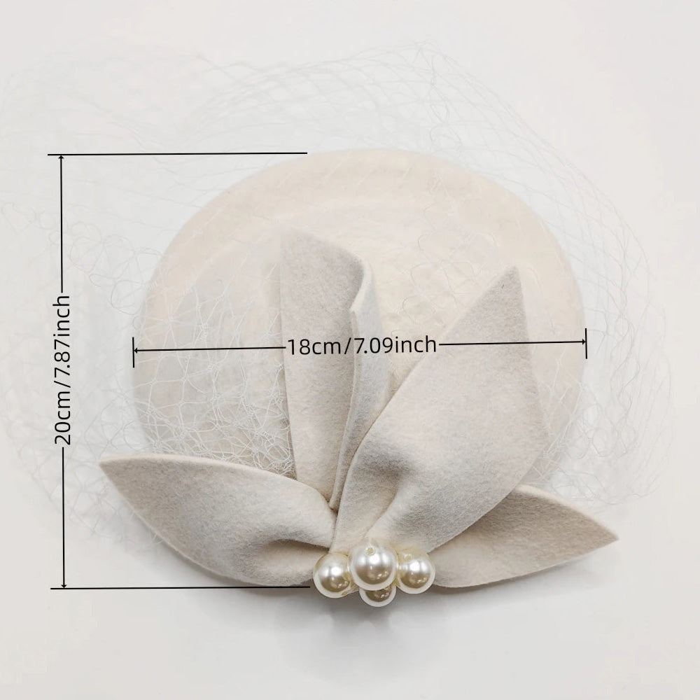 H-1118 French Style Winter Cashmere Wool Hat with Bow, Pearls and Veil