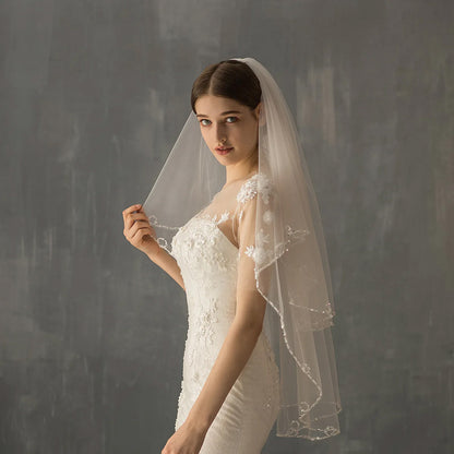 V-0351 Handmade Wedding Veil With Crystal Beads Edge