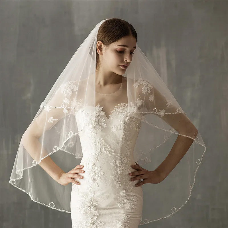 V-0351 Handmade Wedding Veil With Crystal Beads Edge