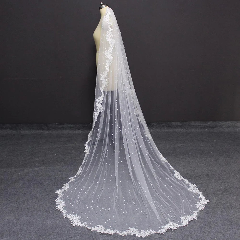 V-1228 Pearls with Lace Appliques Edge Wedding Veil (Multiple Lengths Available)