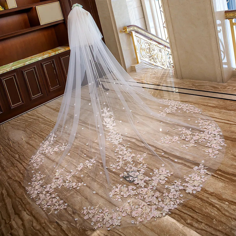 V-5821 Two Layer Cathedral Wedding Veil with White, Ivory or Pink Flowers