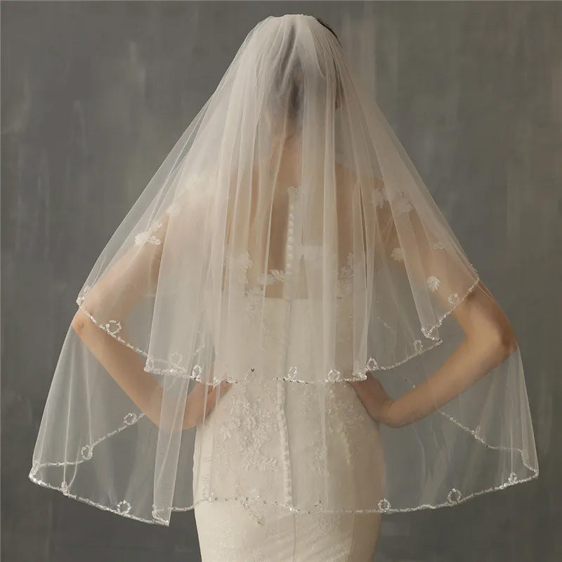 V-0351 Handmade Wedding Veil With Crystal Beads Edge