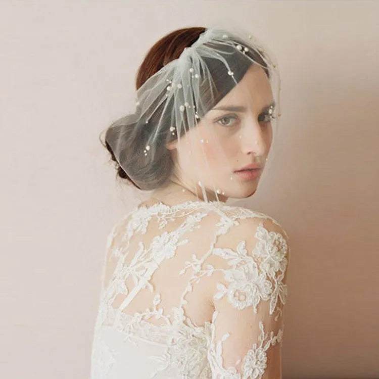 V-0325 Tulle Wedding Blusher/Birdcage Veil with Pearls