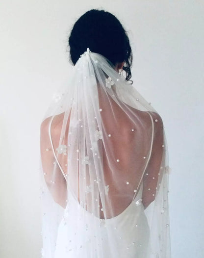 V-1229 Luxury Bridal Veil with Pearls and Flowers