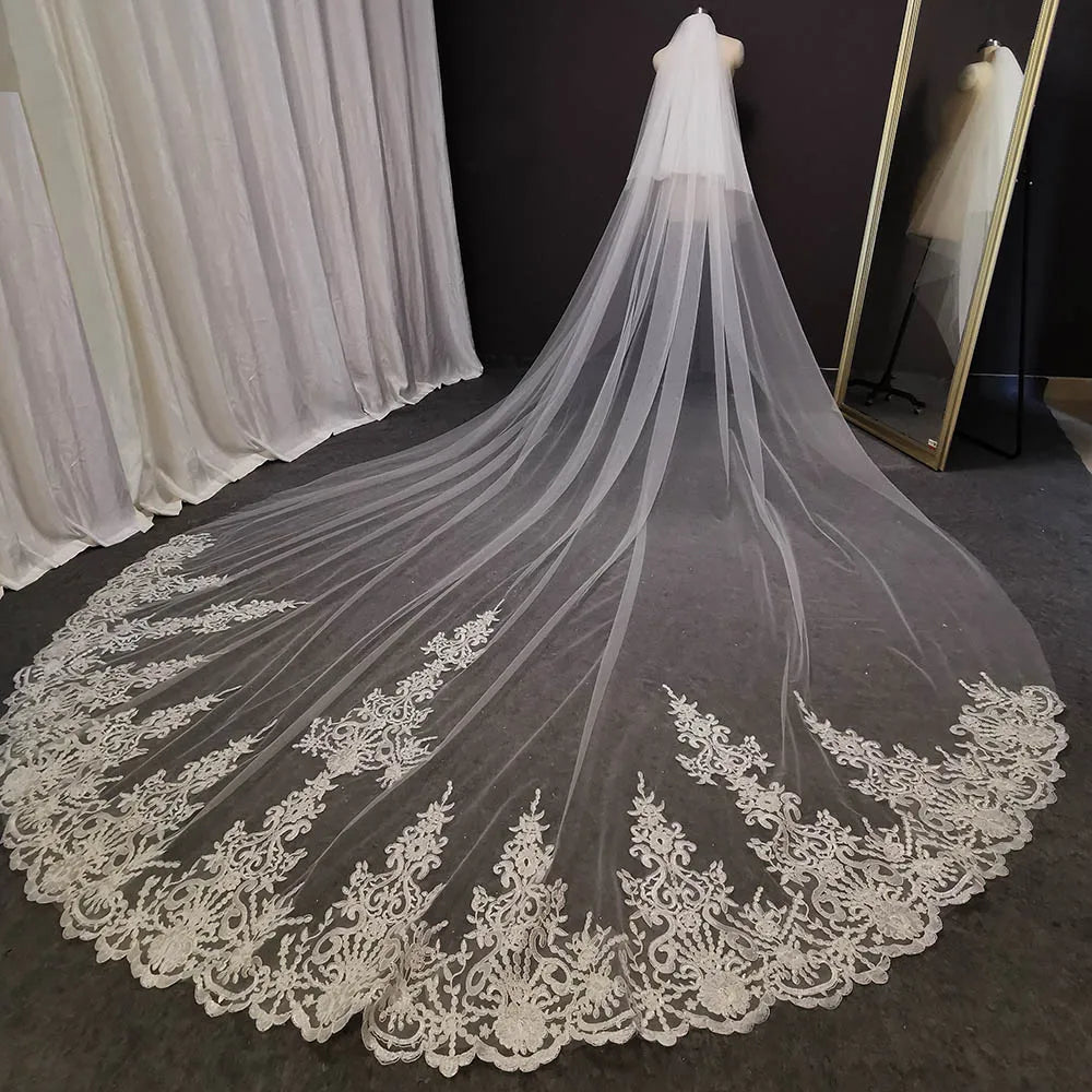 V-6514 Two Tier Long Lace Wedding Veil with Comb