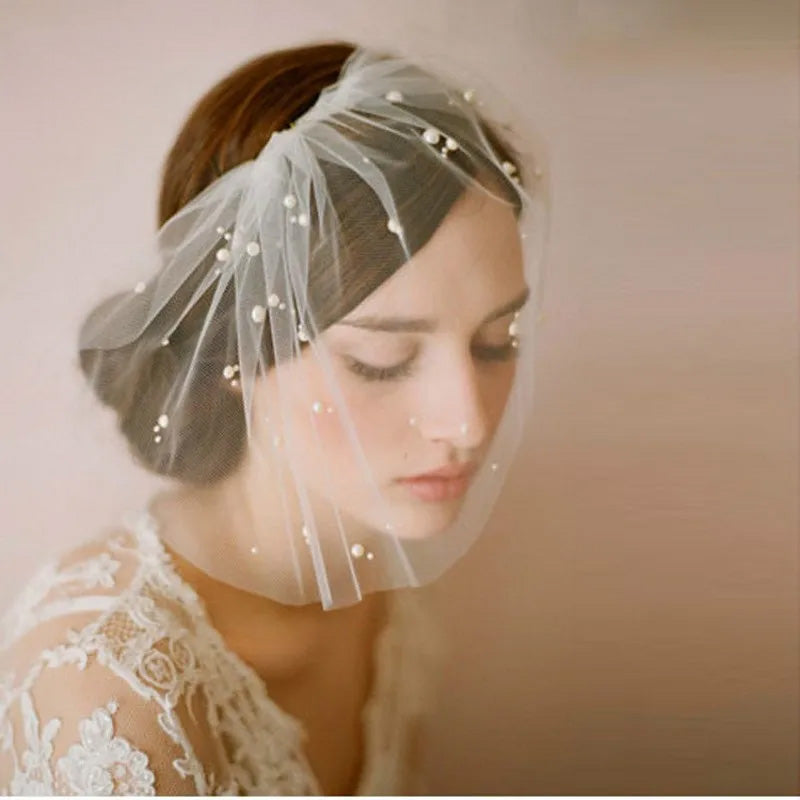 V-0325 Tulle Wedding Blusher/Birdcage Veil with Pearls