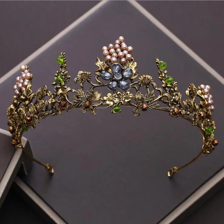 T-754 Vintage Gold with Crystal Flowers Tiara