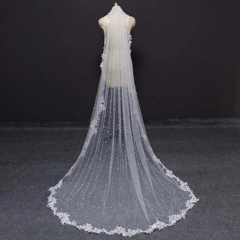 V-1228 Pearls with Lace Appliques Edge Wedding Veil (Multiple Lengths Available)