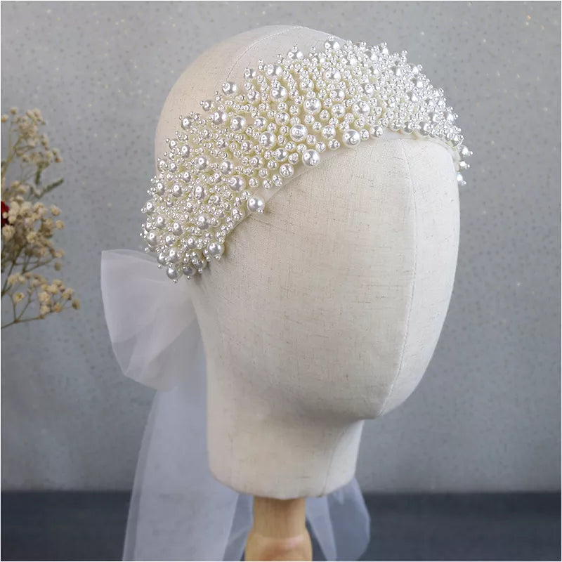 VH-0712 Full Pearl Headband with Tulle Ribbon