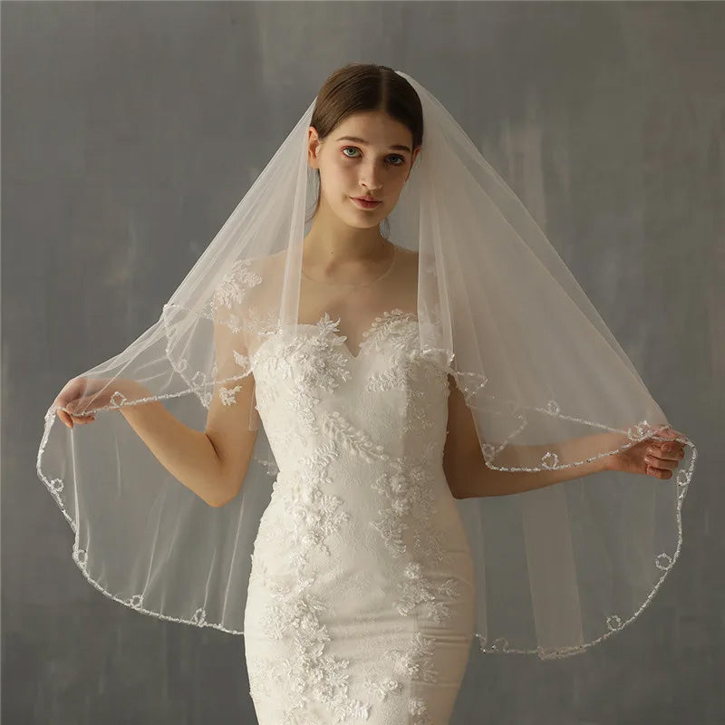 V-0351 Handmade Wedding Veil With Crystal Beads Edge