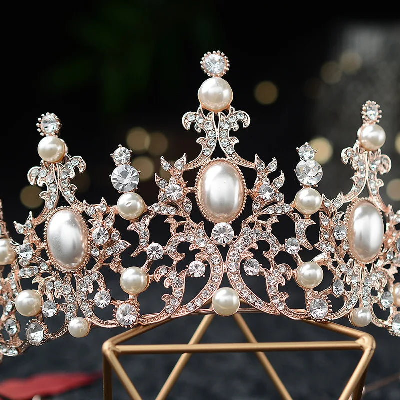 T-734 Baroque Luxury Crystal and Pearls Tiara