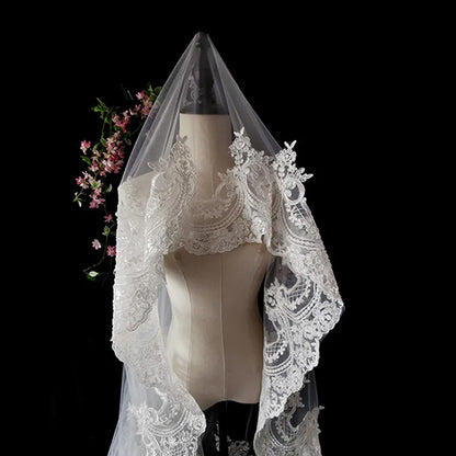 V-4614 Cathedral Wedding Mantilla Style Veil with Lace Applique Edge