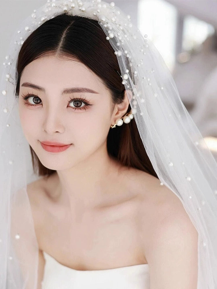 V-3116 White 2 Tier Bridal Veil with Pearls