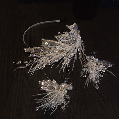 VH-2114 High-End Feather Bridal Headband, Earrings and Corsage