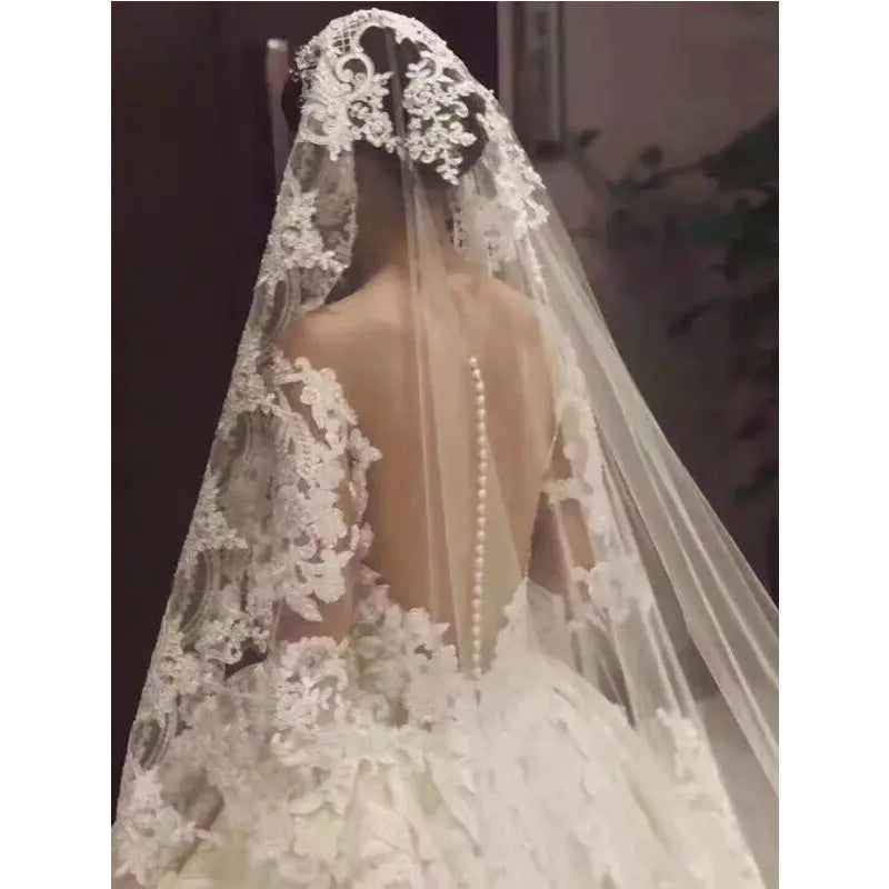 V-4614 Cathedral Wedding Mantilla Style Veil with Lace Applique Edge