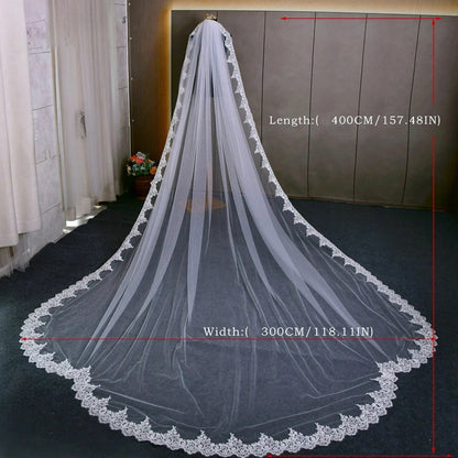 V-0134 4m Cathedral Bridal Veils 1 Tier Full Lace Edge Sequins