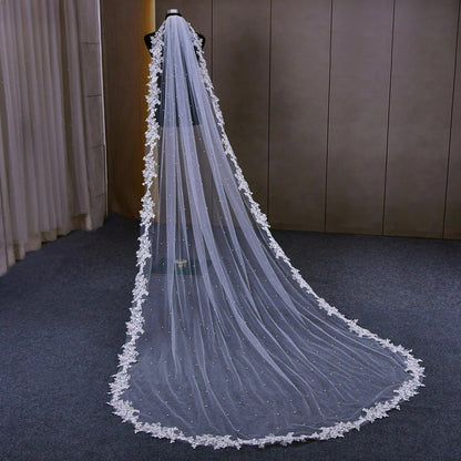 V-0146 Wedding Veil with Pearl Beading and Lace Edge