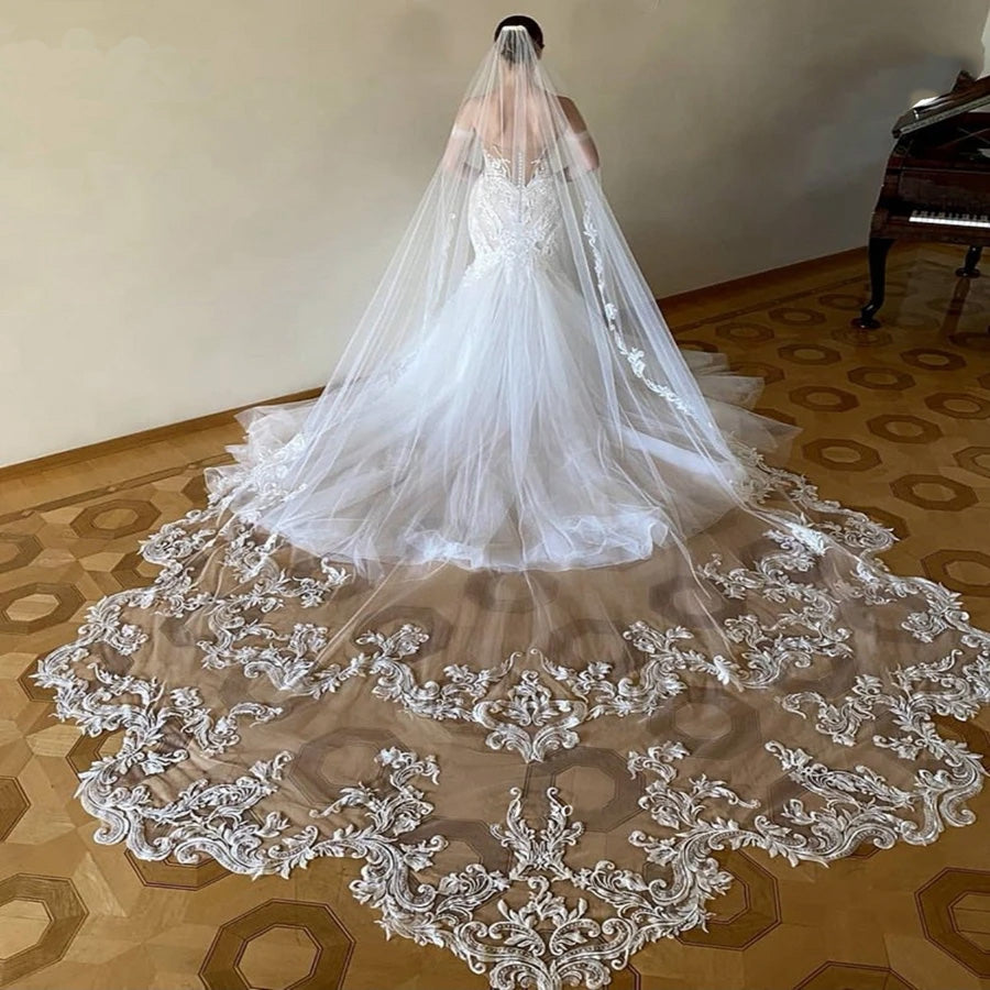 V-4114 Cathedral Wedding Veil with Baroque Style Lace Applique Edge