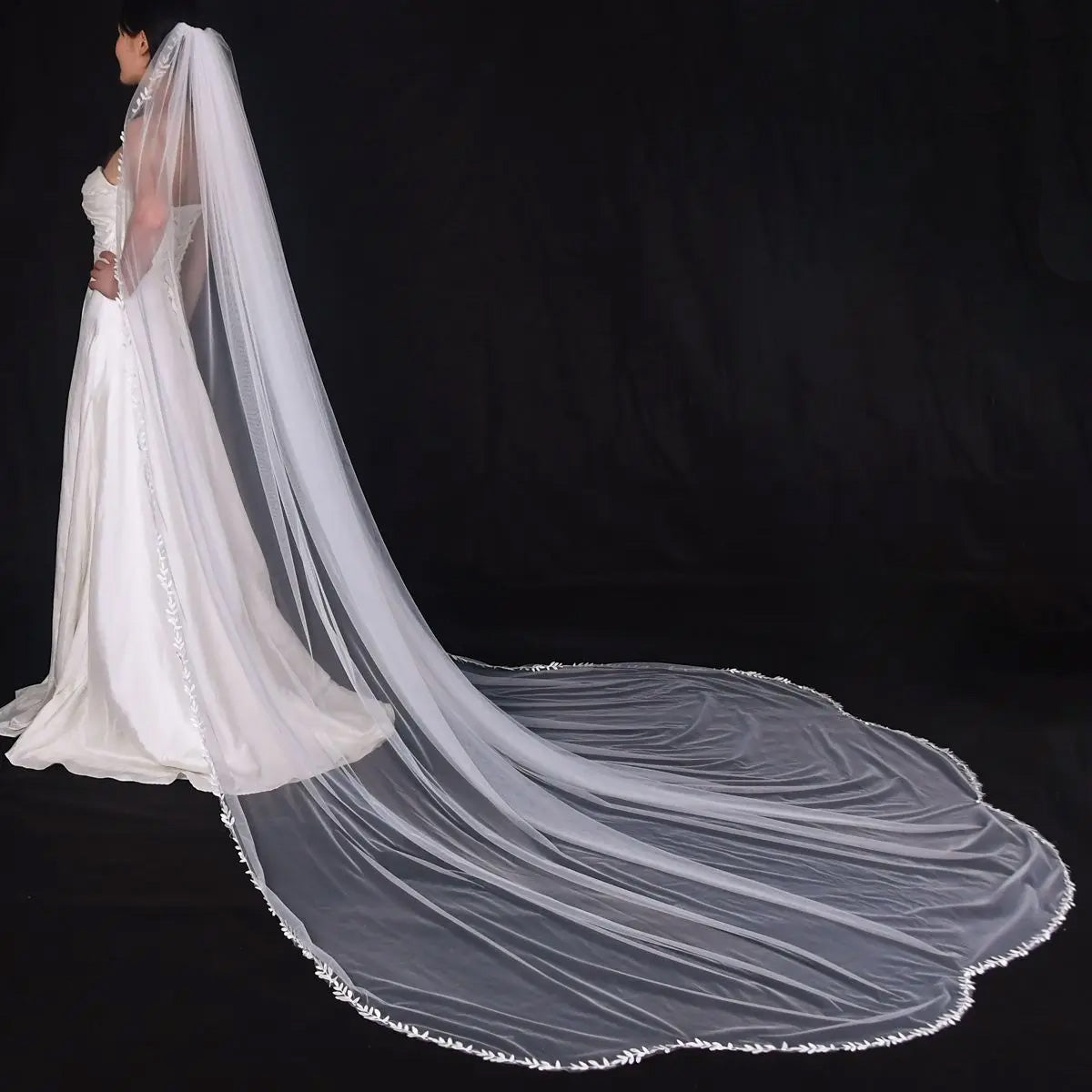 V-3031 Cathedral Length Veil with Scalloped Edge and Lace Trim