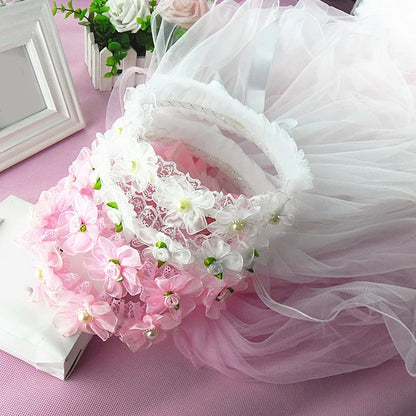 P-1105 Flower Girl Headpiece with Tulle, Fabric Flowers and Pearls