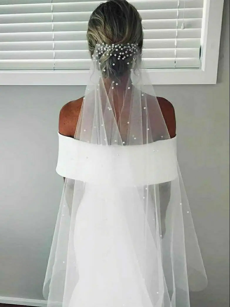 V-0144 Elegant Cathedral 1 Tier Soft Tulle with Pearls Bridal Veil