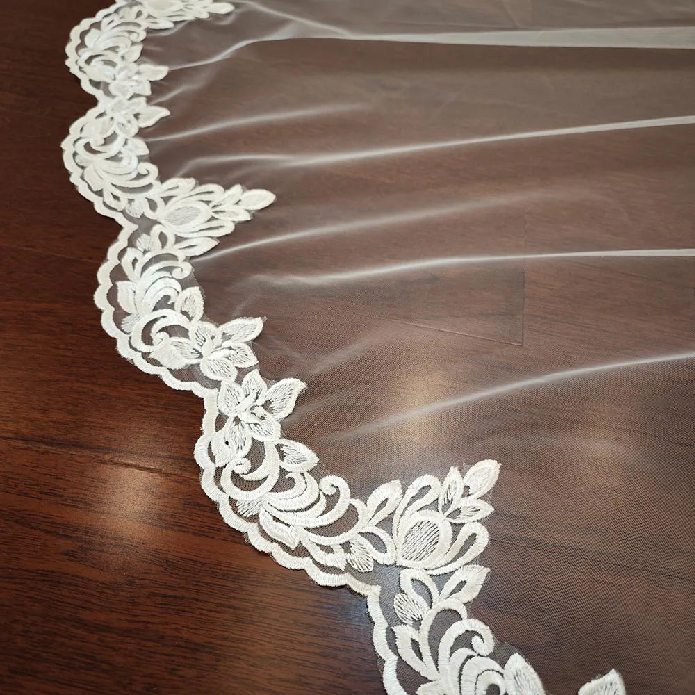 V-3179 High Quality Mantilla Style Ivory Wedding Veil Lace Edge