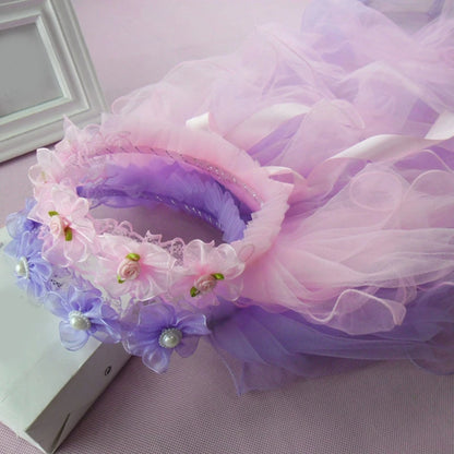 P-1105 Flower Girl Headpiece with Tulle, Fabric Flowers and Pearls