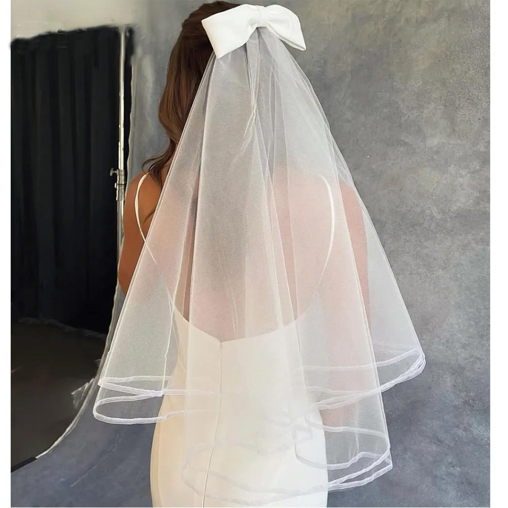 V-1423 White Bow Two Layer Wedding Veil