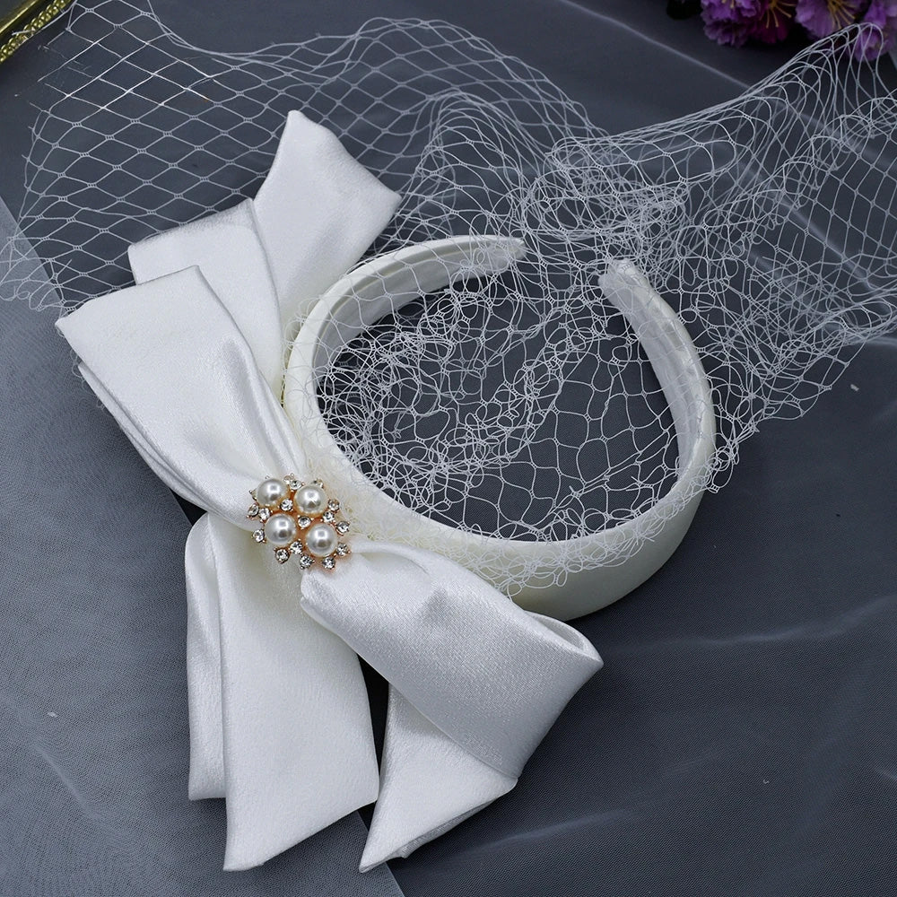 V-0125 Elegant Birdcage Wedding Veil with Bow, Pearls