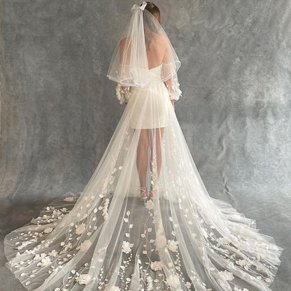 V-1423 White Bow Two Layer Wedding Veil