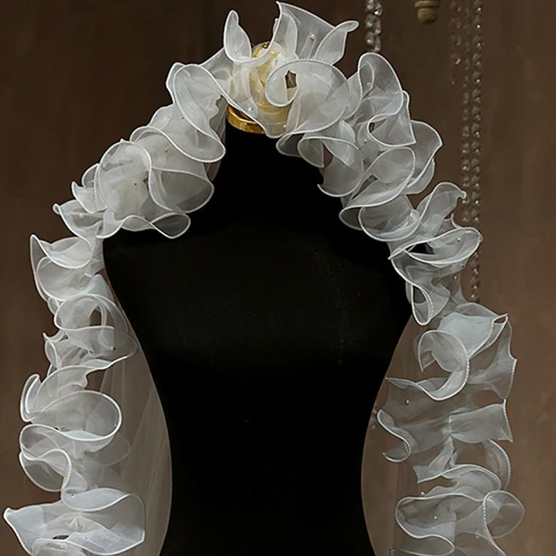 V-0124 Ivory Bridal Veil with Sheer Ruffles and Pearls Edge