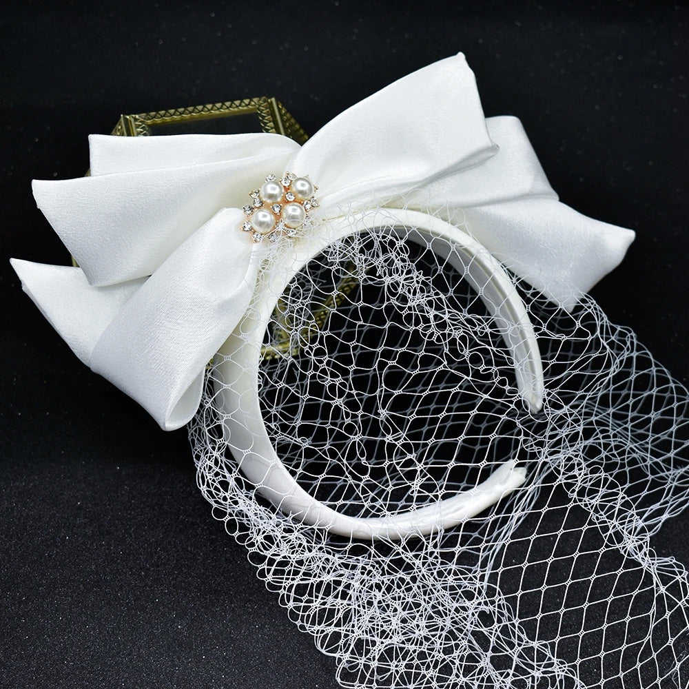 V-0125 Elegant Birdcage Wedding Veil with Bow, Pearls