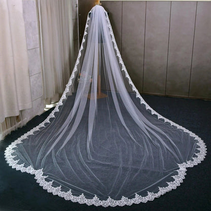 V-0134 4m Cathedral Bridal Veils 1 Tier Full Lace Edge Sequins