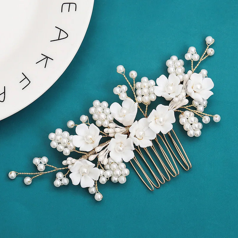A-9256 Wedding Hair Comb with Pearls and Soft Material Flowers