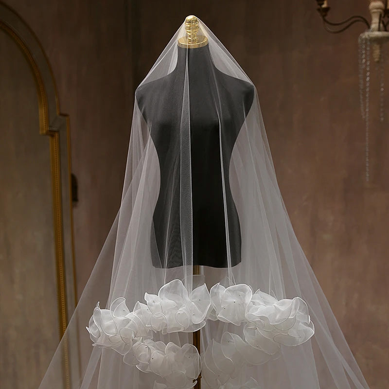 V-0124 Ivory Bridal Veil with Sheer Ruffles and Pearls Edge