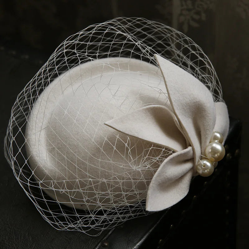 H-1118 French Style Winter Cashmere Wool Hat with Bow, Pearls and Veil