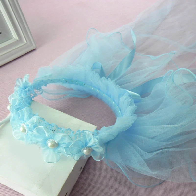 P-1105 Flower Girl Headpiece with Tulle, Fabric Flowers and Pearls