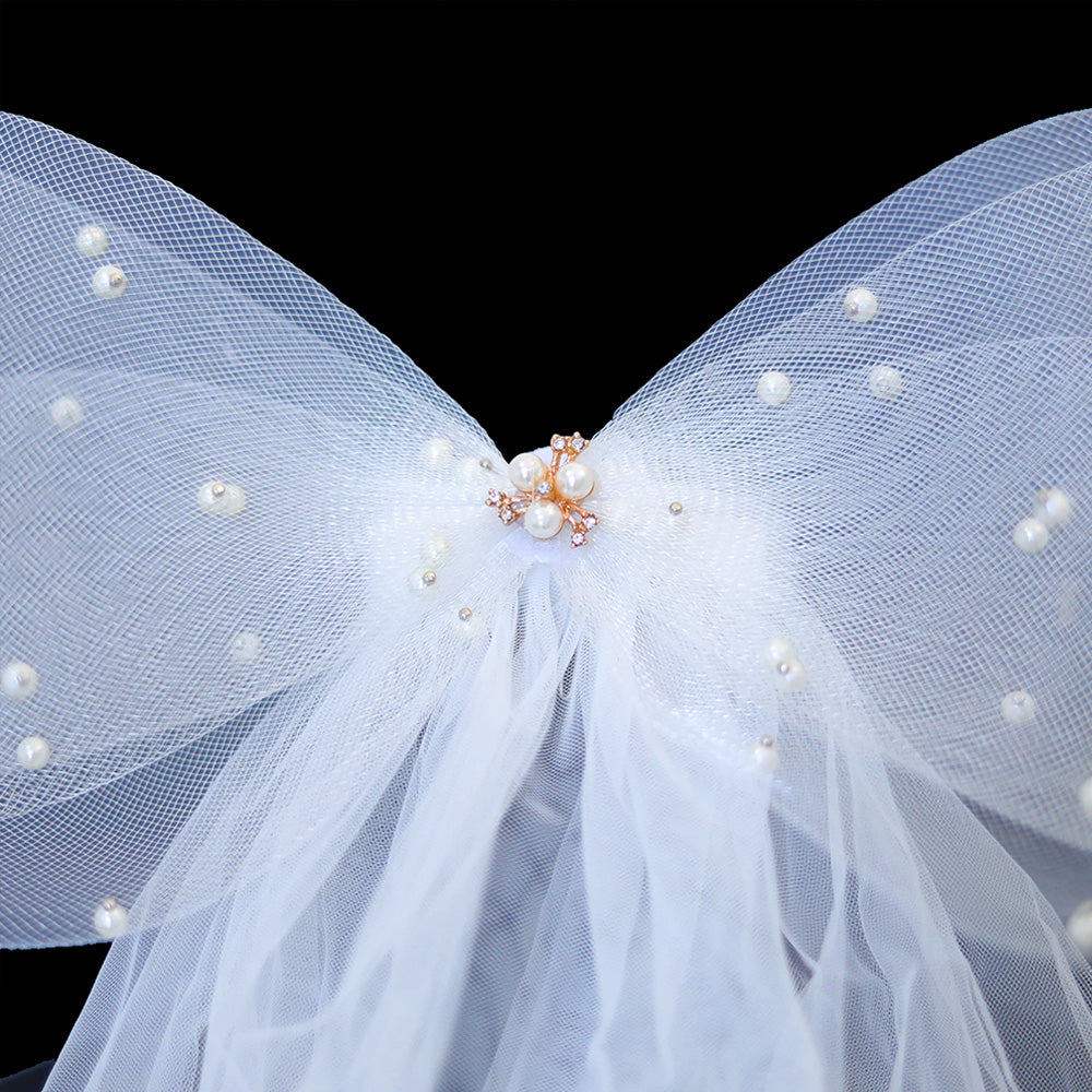 V-0128 Luxury Bridal Veil With Bow and Pearls