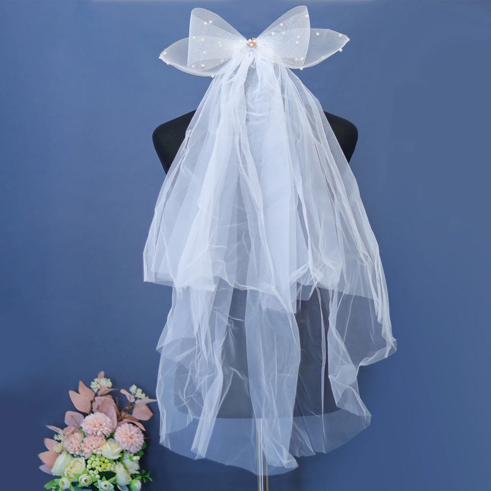 V-0128 Luxury Bridal Veil With Bow and Pearls