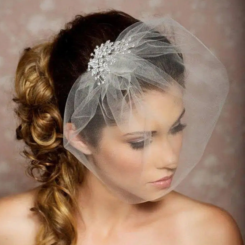 V-0129 Soft Tulle Birdcage Veil with Crystal Comb