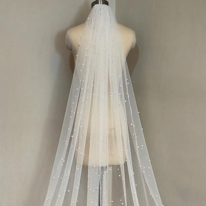 V-0145 - Cathedral Veil with Appliqued Flower Lace Edge and Pearls