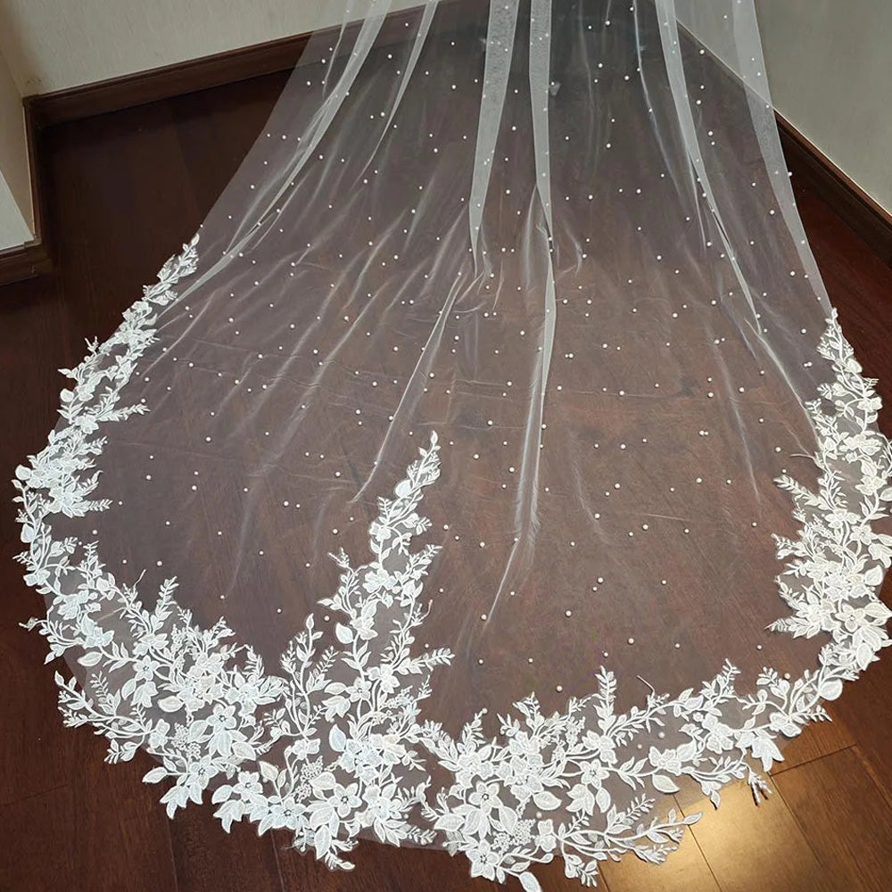 V-0145 - Cathedral Veil with Appliqued Flower Lace Edge and Pearls