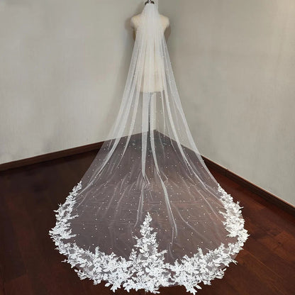 V-0145 - Cathedral Veil with Appliqued Flower Lace Edge and Pearls