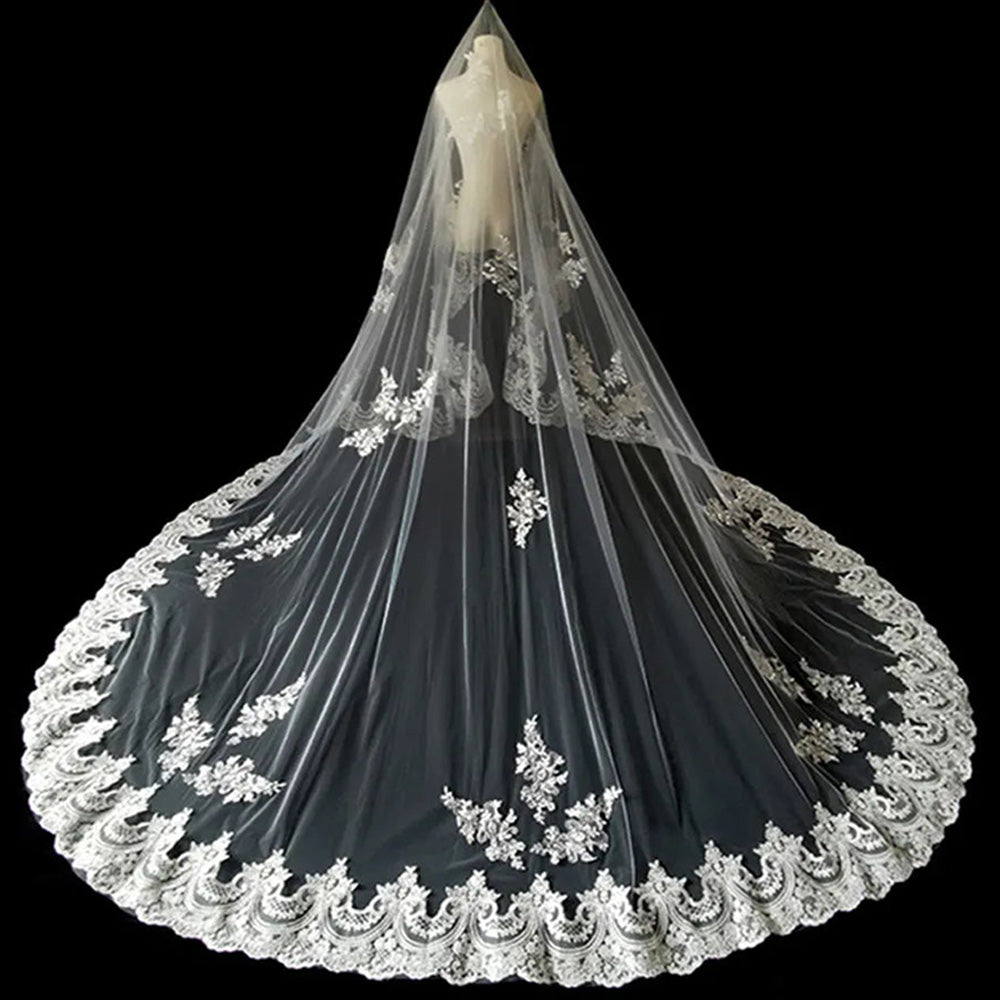 V-4614 Cathedral Wedding Mantilla Style Veil with Lace Applique Edge