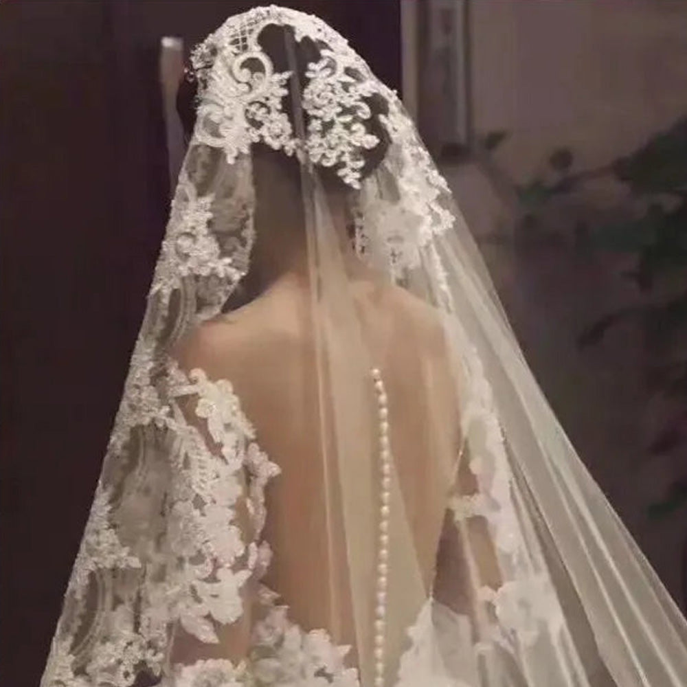 V-4614 Cathedral Wedding Mantilla Style Veil with Lace Applique Edge