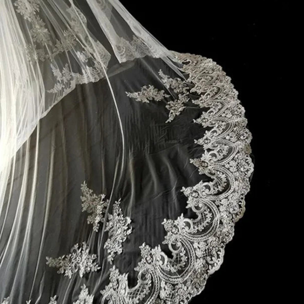 V-4614 Cathedral Wedding Mantilla Style Veil with Lace Applique Edge